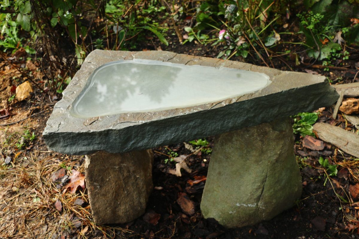 birdbaths along the stone path