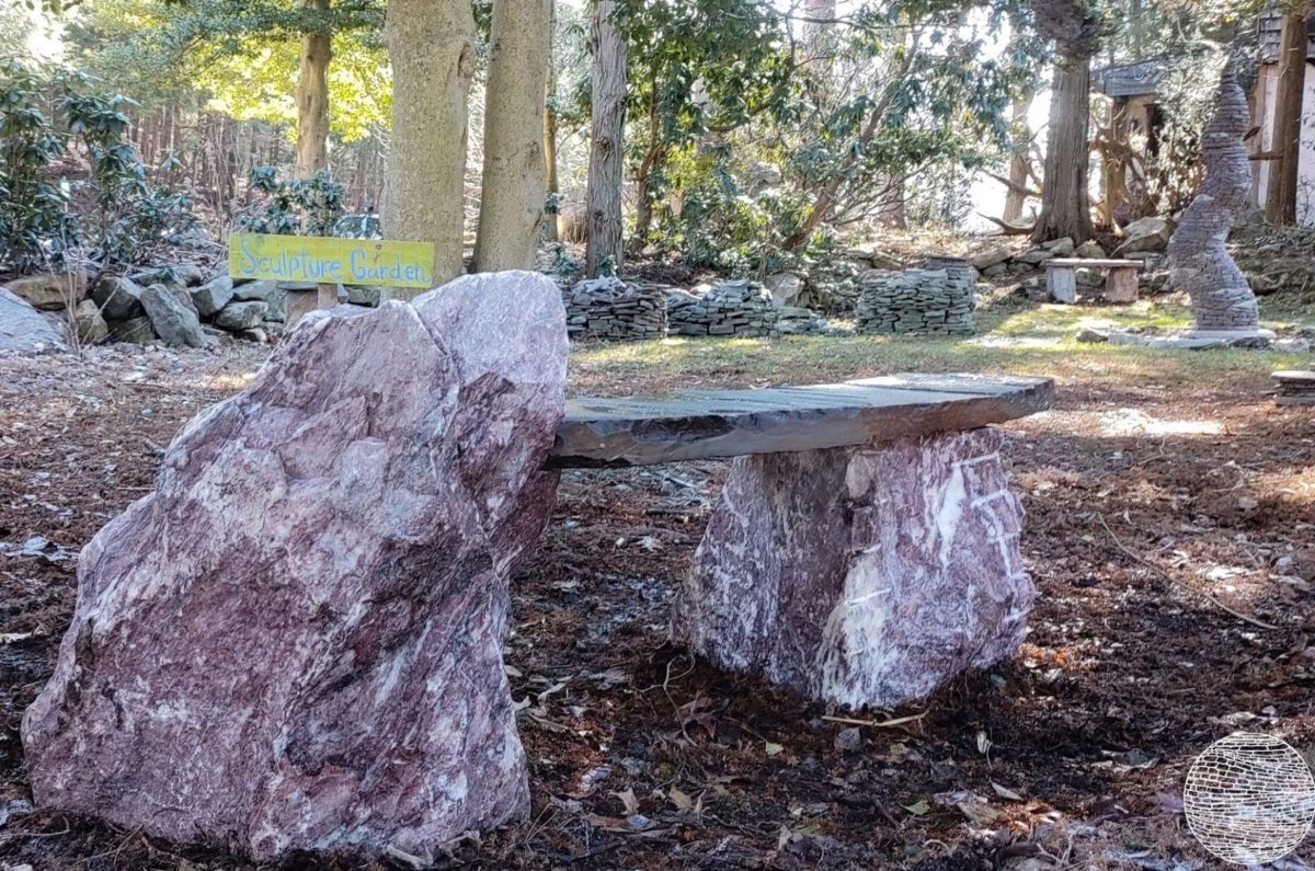 pretty stone bench pink and purple