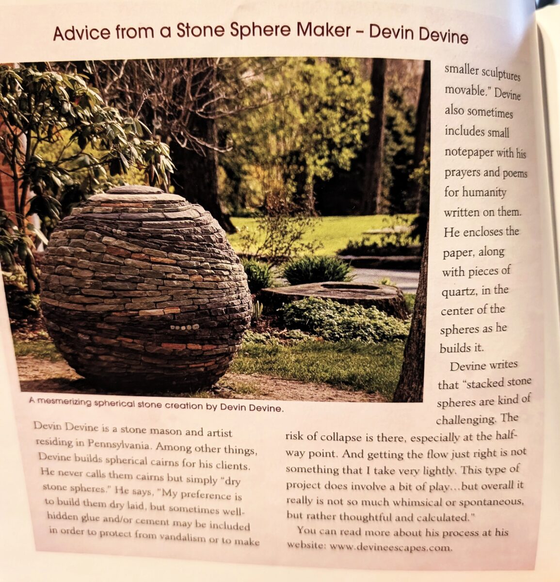 book the spirit of stone page 22 is a page about Devin Devine's stone spheres