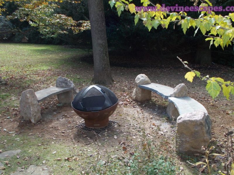 stone benches, firepit