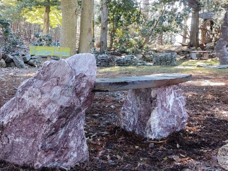 pretty stone bench pink and purple